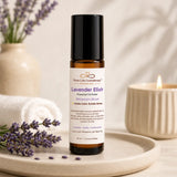 Lavender Elixir Essential Oil Roller by Nurse Calm Aromatherapy with lavender and vanilla in a luxury spa setting.
