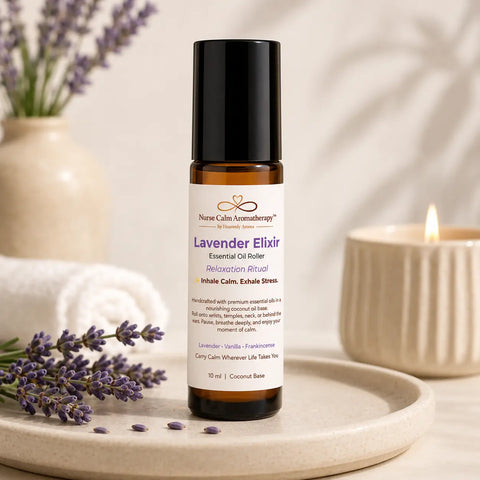 Lavender Elixir Essential Oil Roller by Nurse Calm Aromatherapy with lavender and vanilla in a luxury spa setting.