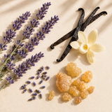 Fresh lavender, vanilla beans and frankincense resin displayed as the natural botanical ingredients of Lavender Elixir Essential Oil Roller.