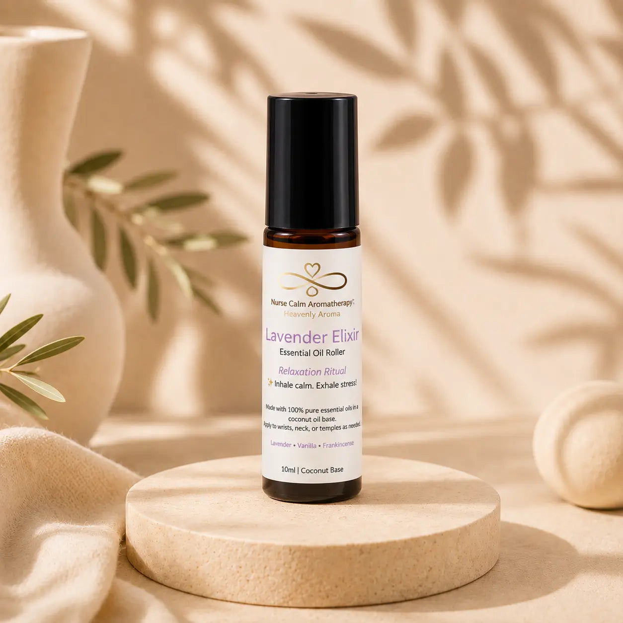 Roll-on bottle of Lavender Elixir essential oil on a wooden platform with a neutral background