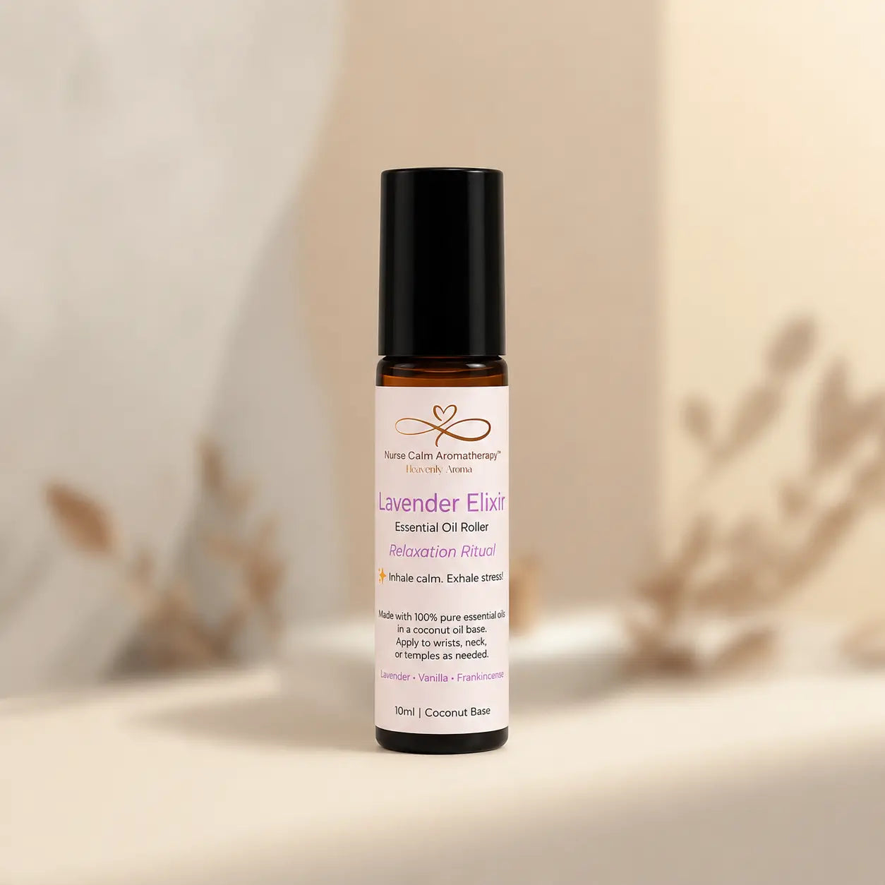 Roll-on bottle of Lavender Elixir essential oil on a neutral background