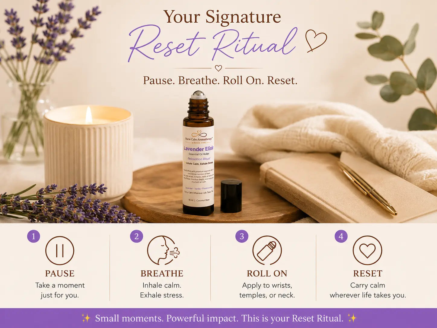 Lavender Elixir Essential Oil Roller featured in the Nurse Calm Aromatherapy Signature Reset Ritual for moments of relaxation and calm.