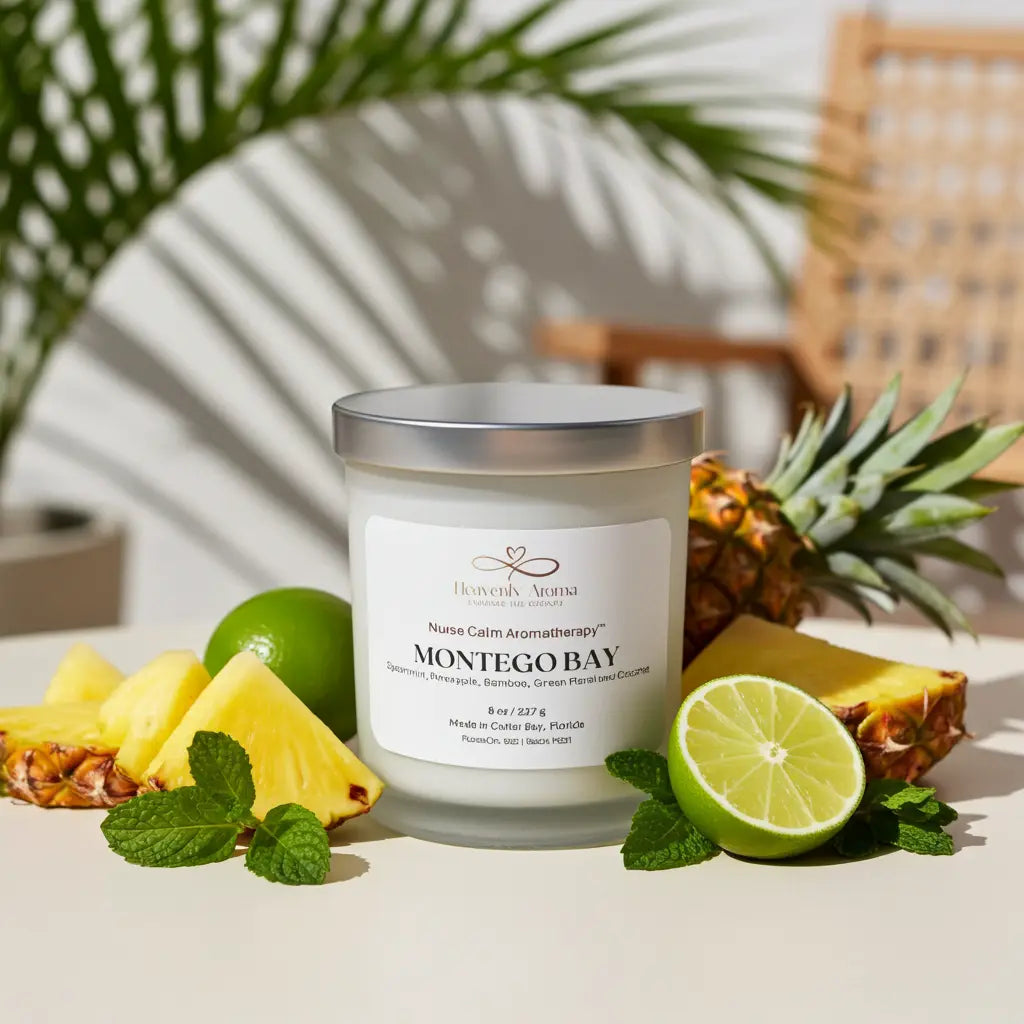 Candle labeled 'Montego Bay' surrounded by pineapples and limes on a table.