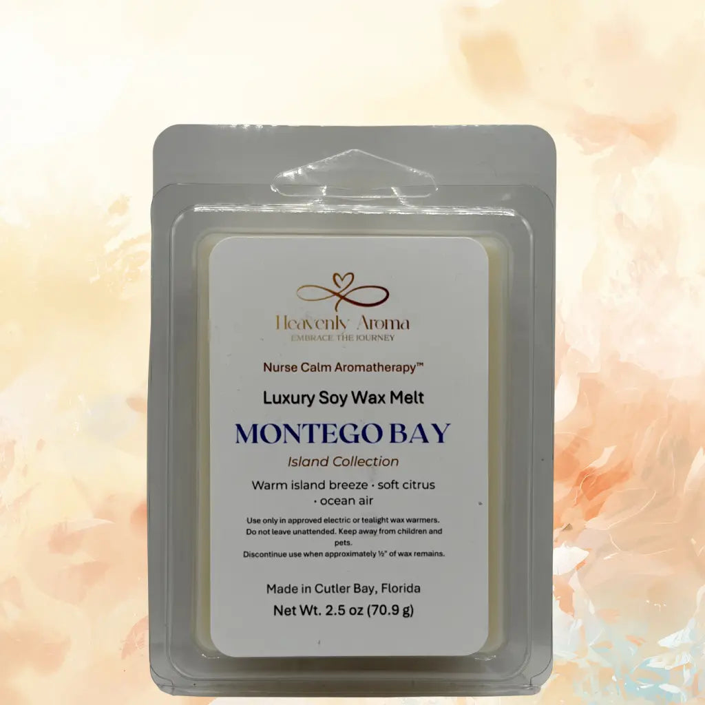 Montego Bay luxury soy wax melt packaging with a soft peach background