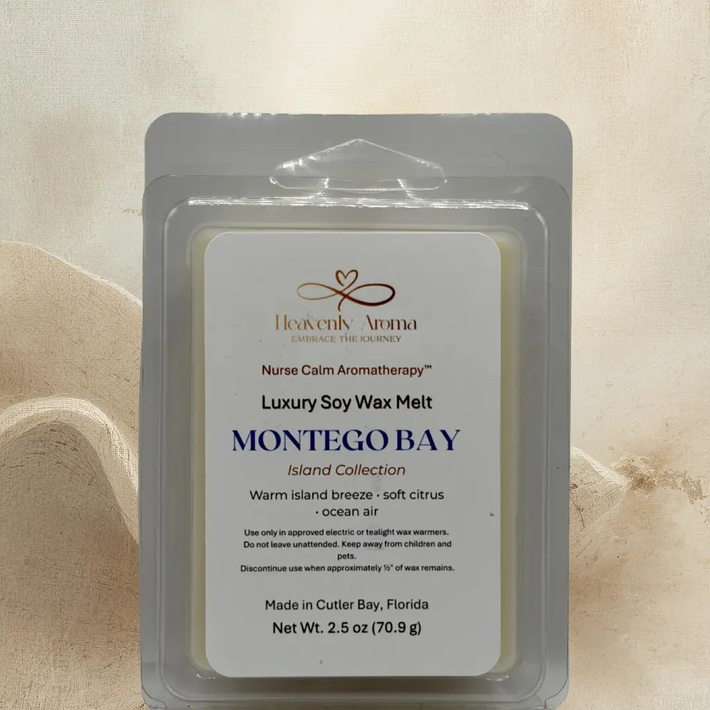 Heavenly Aroma Montego Bay soy wax melt packaging on a beige background