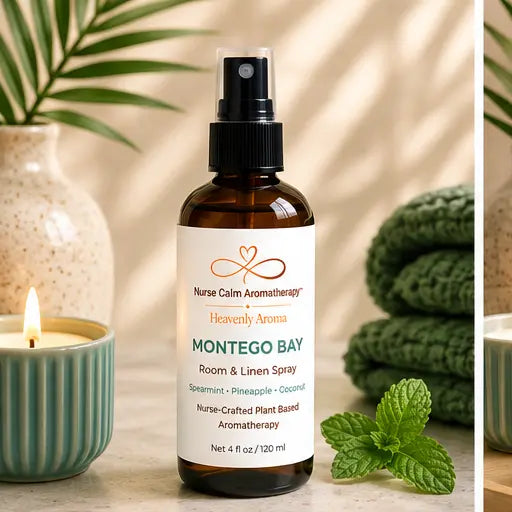 Montego Bay Room & Linen Spray by Nurse Calm Aromatherapy™ featuring spearmint, pineapple, and coconut in a luxury spa setting.