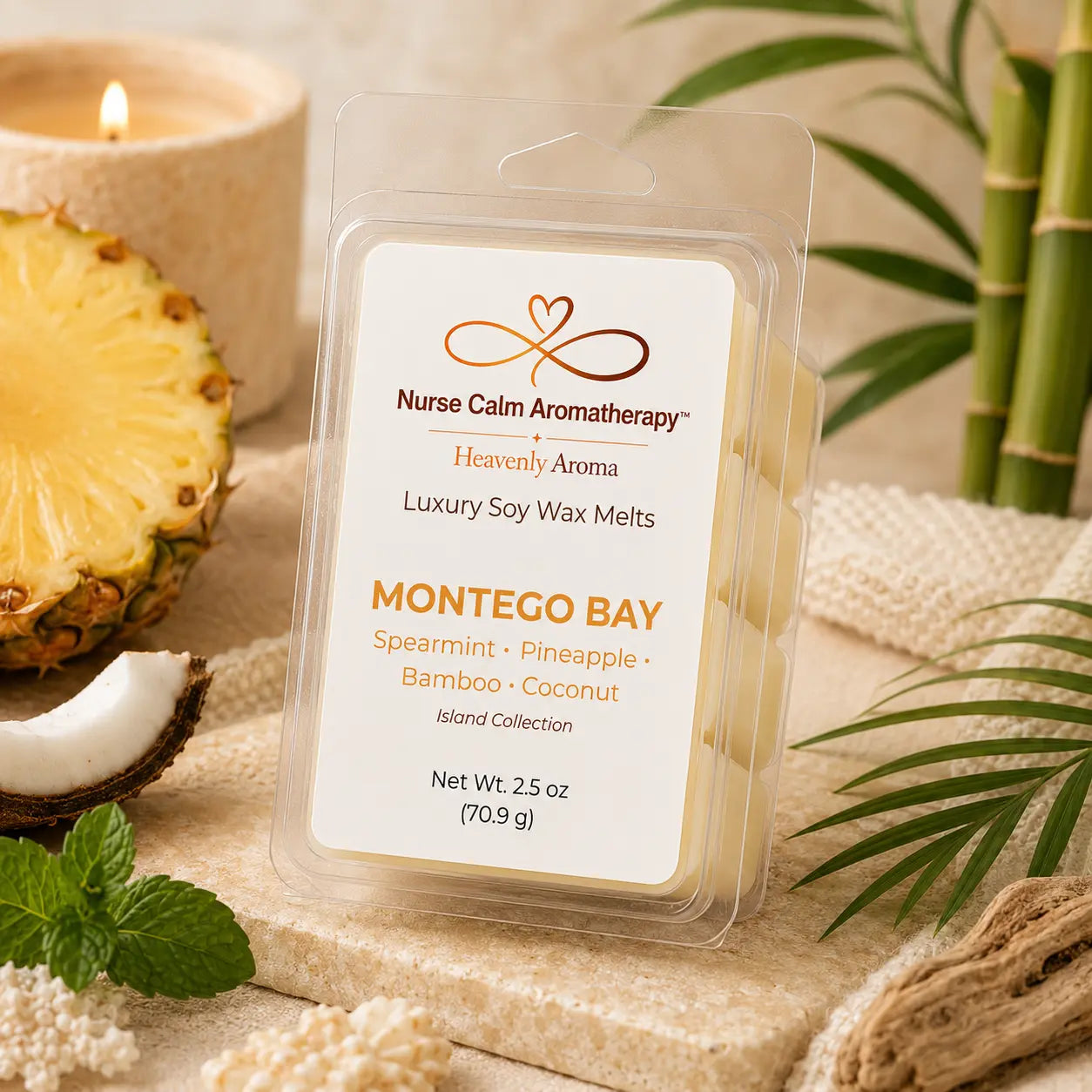 Montego Bay Luxury Soy Wax Melts by Nurse Calm Aromatherapy featuring spearmint, pineapple, bamboo, and coconut fragrance notes in premium clamshell packaging.