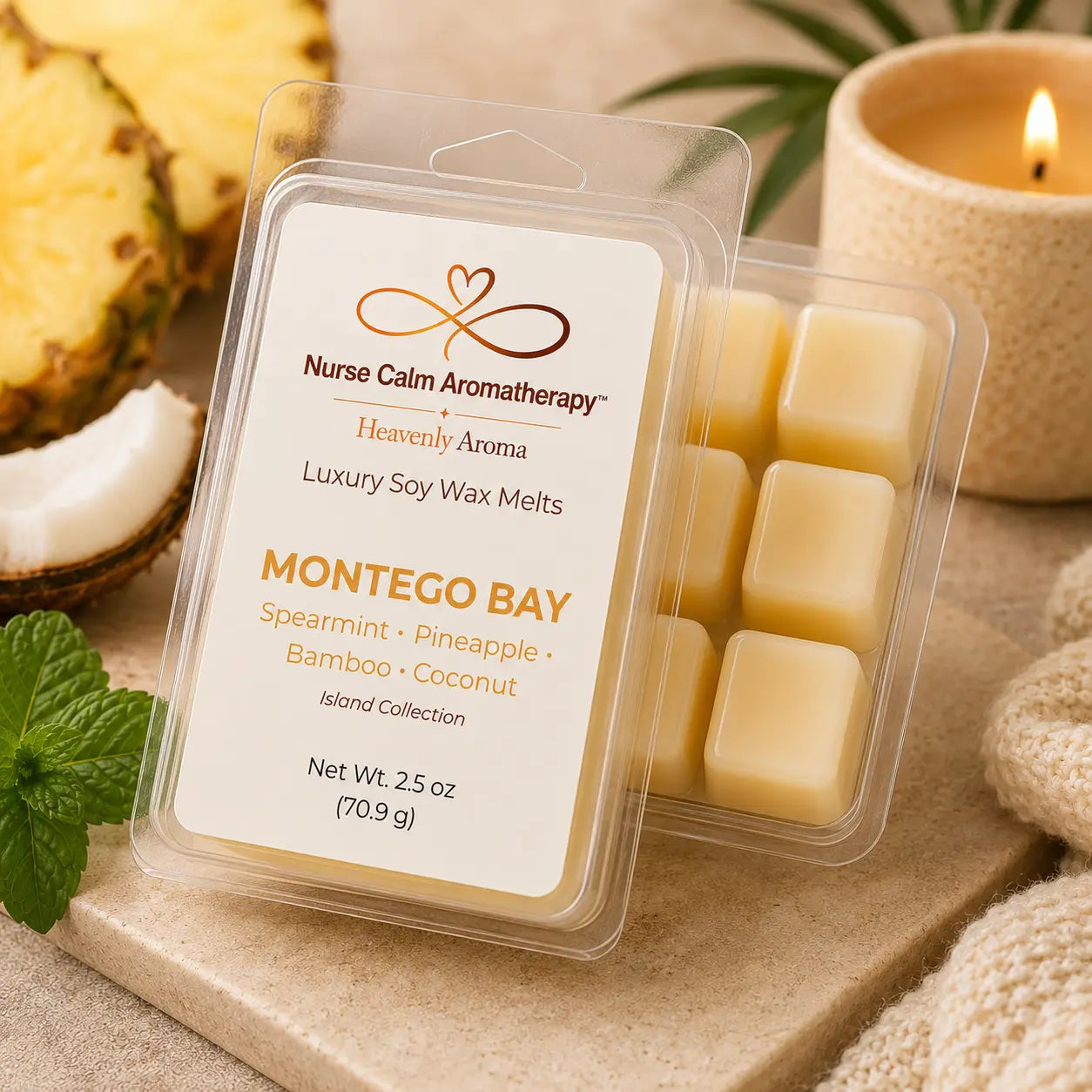Close-up of Montego Bay Luxury Soy Wax Melts showcasing handcrafted soy wax cubes and premium packaging inspired by tropical fragrance notes.