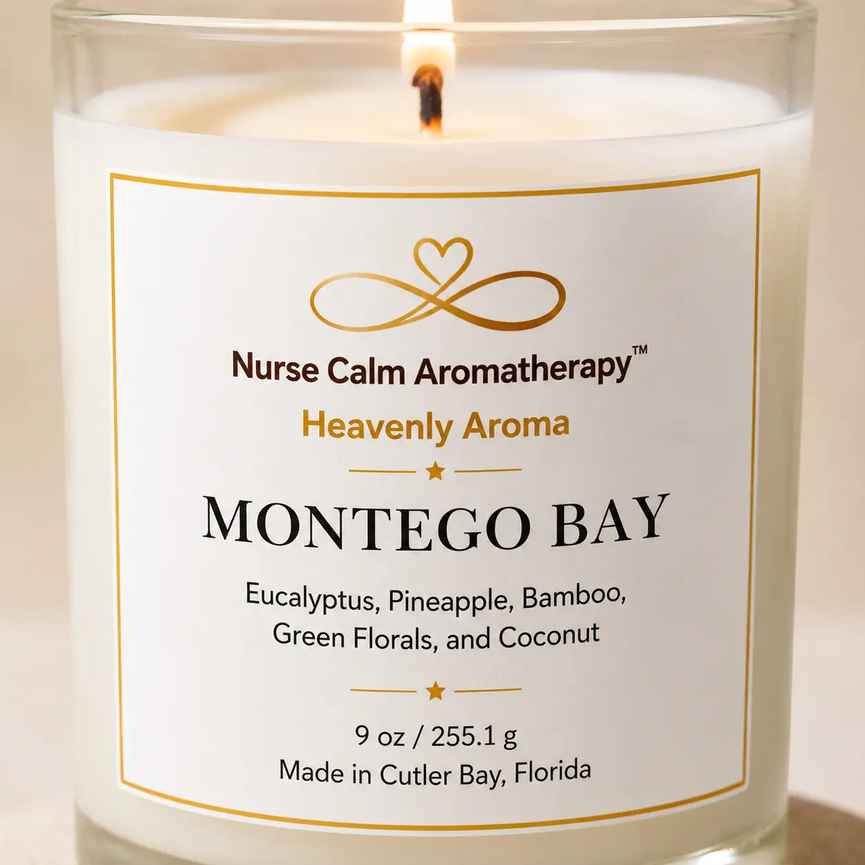 Montego Bay luxury soy candle label handcrafted by a Registered Nurse