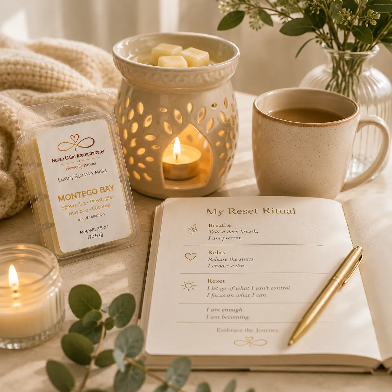 Montego Bay Luxury Soy Wax Melts displayed during a calming Reset Ritual with journaling, candlelight, a ceramic wax warmer, and relaxing island-inspired décor.