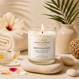 Montego Bay tropical candle burning on cream spa décor