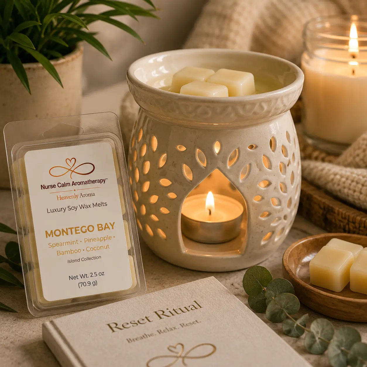 Montego Bay Luxury Soy Wax Melts melting in a ceramic wax warmer, creating a tropical spa atmosphere with refreshing island-inspired fragrance.