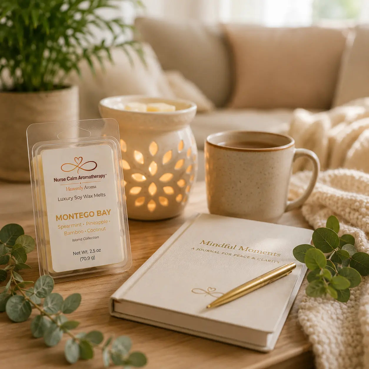 Relaxing wellness scene featuring Montego Bay Luxury Soy Wax Melts with warm lighting, tropical-inspired décor, and peaceful home surroundings.