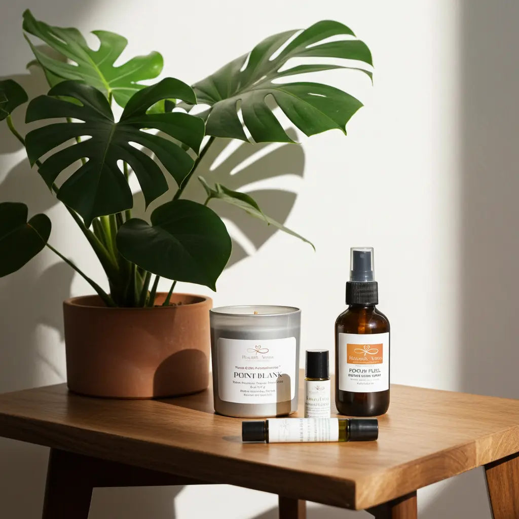 Candle, plant, and skincare products on a wooden table with a neutral background