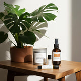 Candle, plant, and skincare products on a wooden table with a neutral background