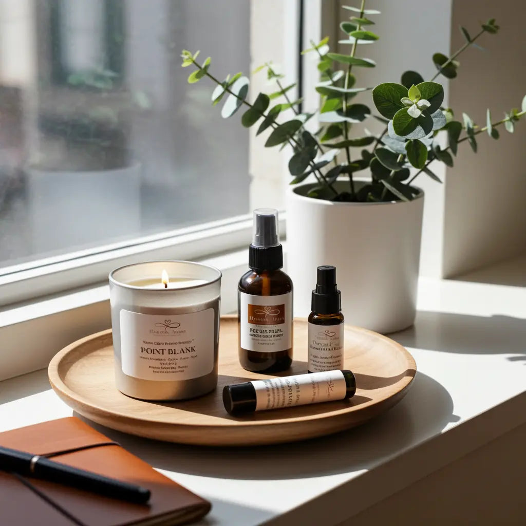 Candle and skincare products on a wooden tray with a plant in the background