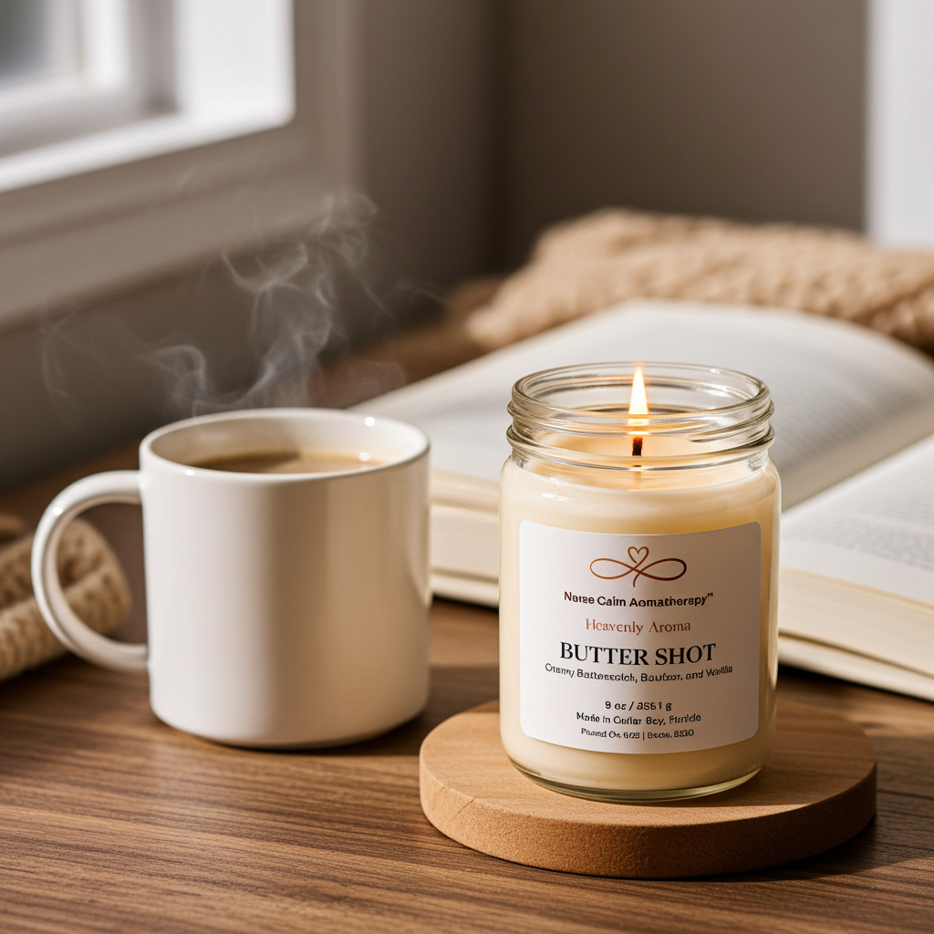 Butter Shot soy candle burning next to a steaming coffee mug for a cozy self-care moment.