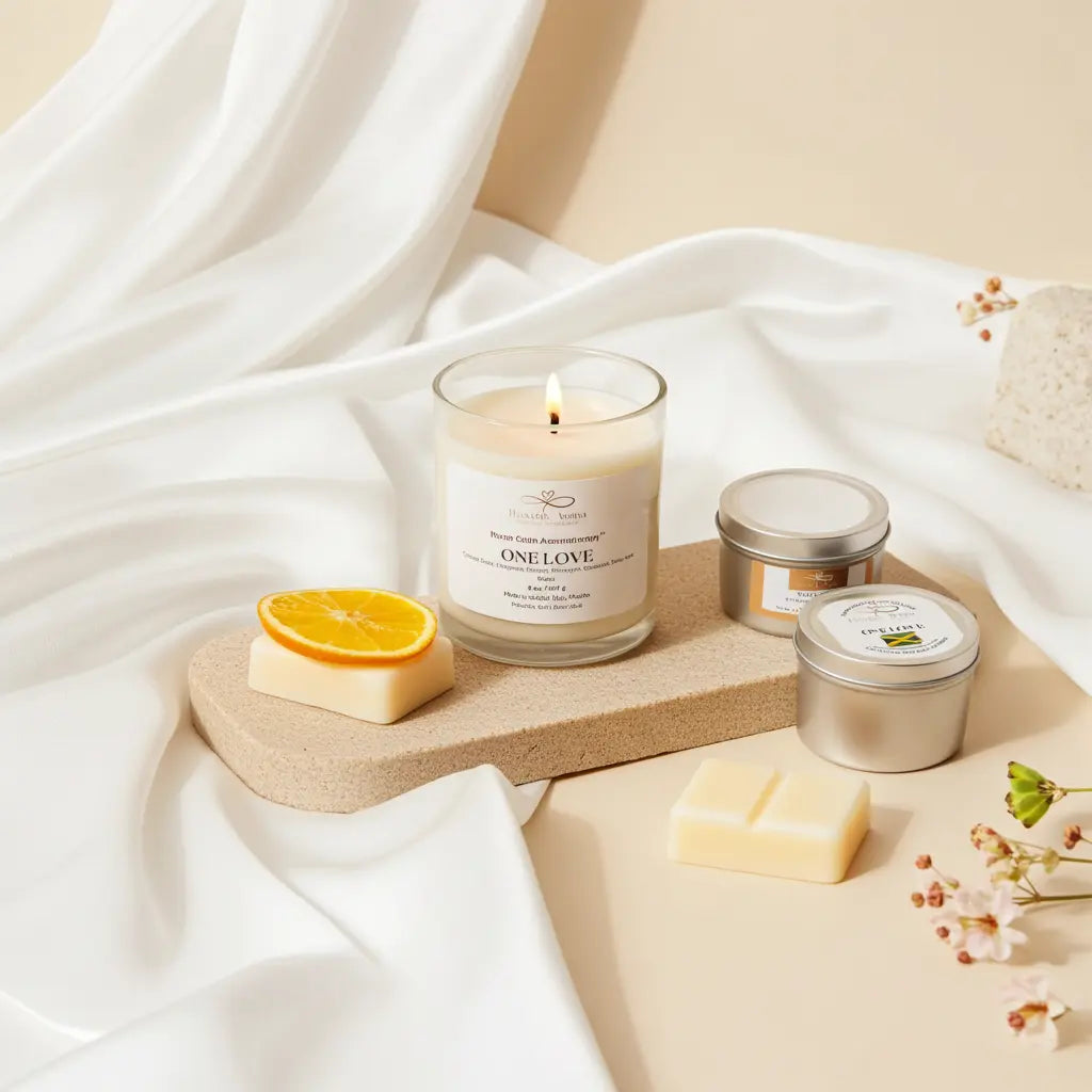 Candle and small containers on a wooden board with white fabric and orange slice in the background