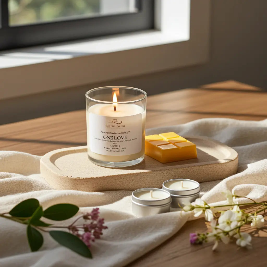 Candle with 'ONELOVE' branding on a wooden surface with flowers and a window in the background