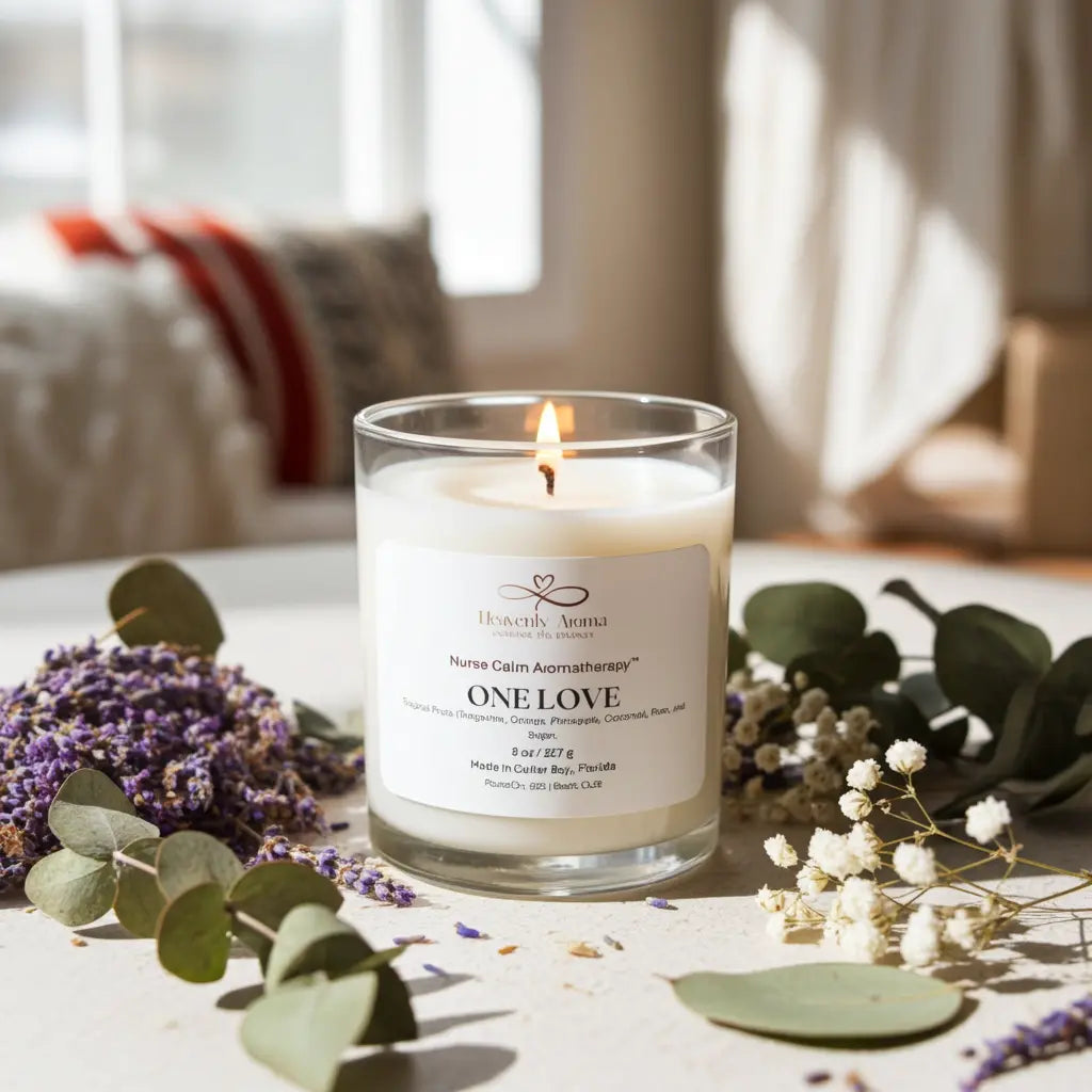 Candle labeled 'ONELOVE' with floral and leaf decorations on a table.