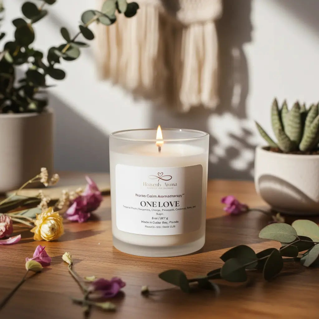 Candle labeled 'ONELOVE' on a wooden surface with plants and flowers in the background