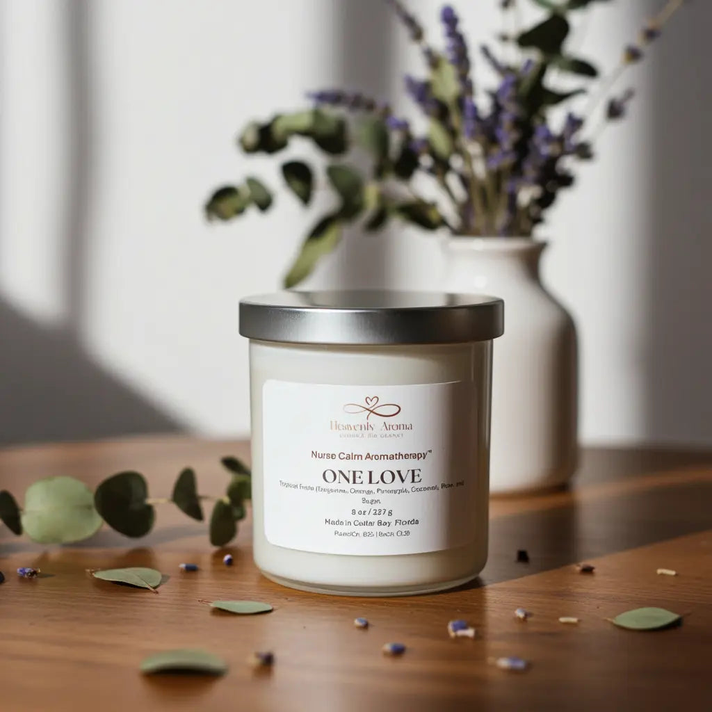 Candle labeled 'One Love' on a wooden surface with a blurred background