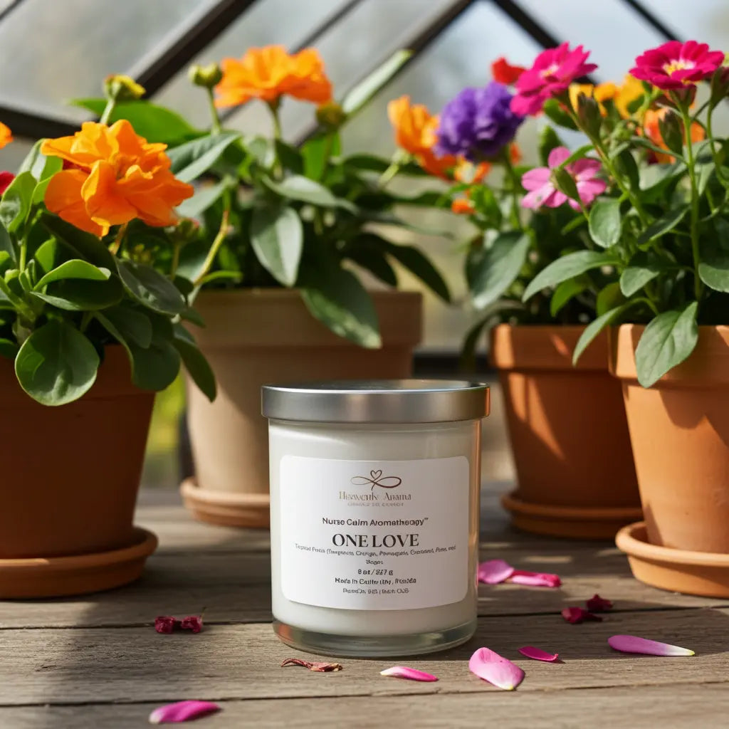 Candle labeled 'ONELOVE' with potted flowers in the background