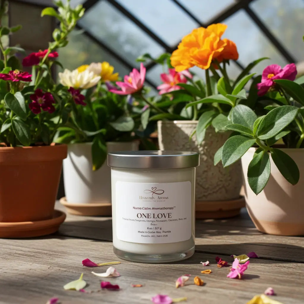Candle labeled 'ONELOVE' surrounded by potted plants on a wooden surface