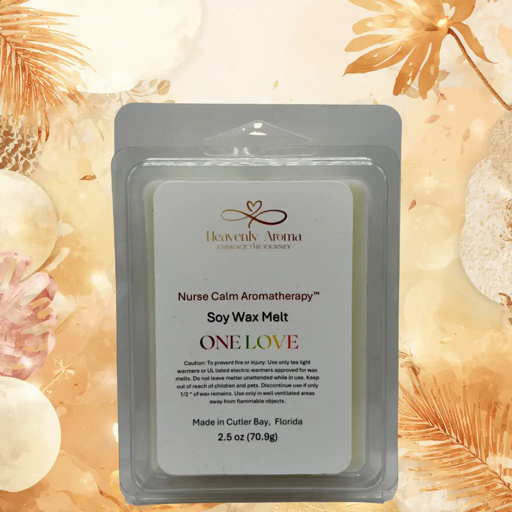 Soy wax melt package with 'Heavenly Aroma' branding on a decorative background.