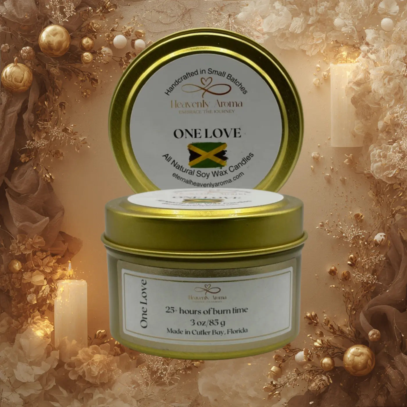 Gold candle tin with 'Heavenly Aroma' branding on a decorative background with gold elements.