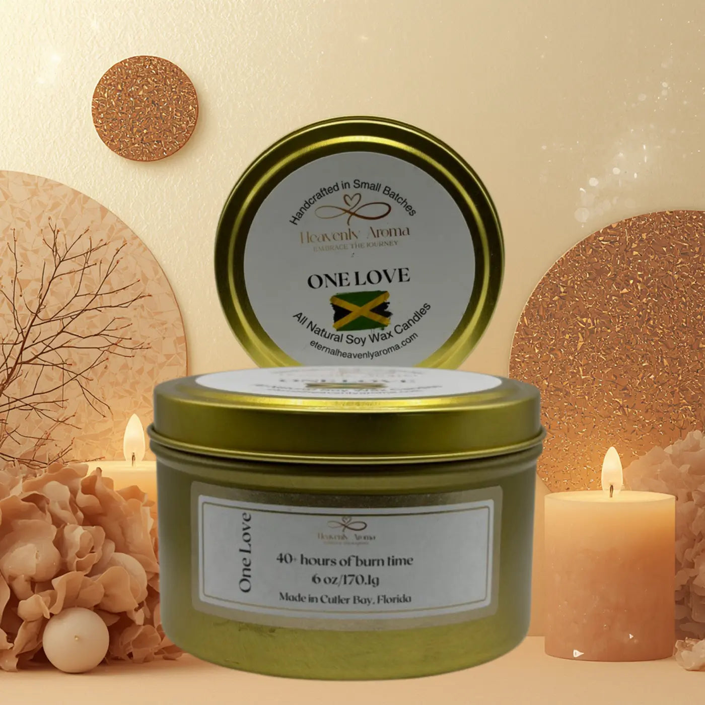 One tin of Heavenly Aroma candle with labeled tin as the decorative background.