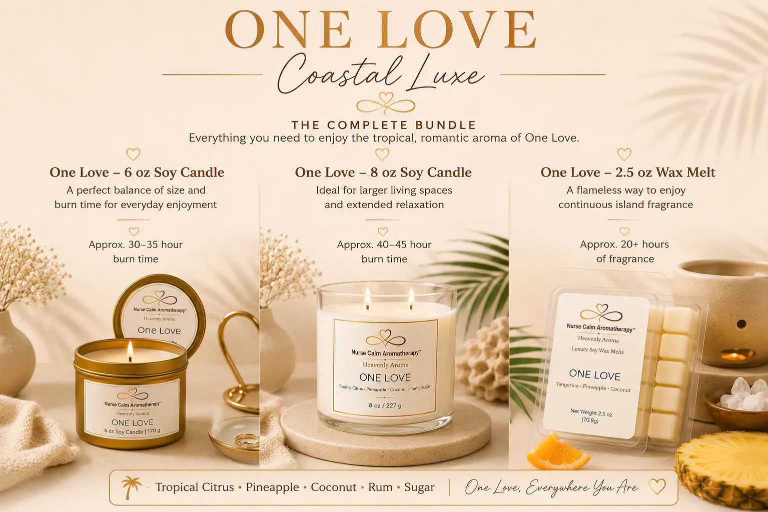 One Love Coastal Luxe bundle contents featuring a 6 oz soy candle, 8 oz soy candle, and luxury soy wax melt with burn times and tropical fragrance details.