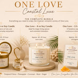 One Love Coastal Luxe bundle contents featuring a 6 oz soy candle, 8 oz soy candle, and luxury soy wax melt with burn times and tropical fragrance details.