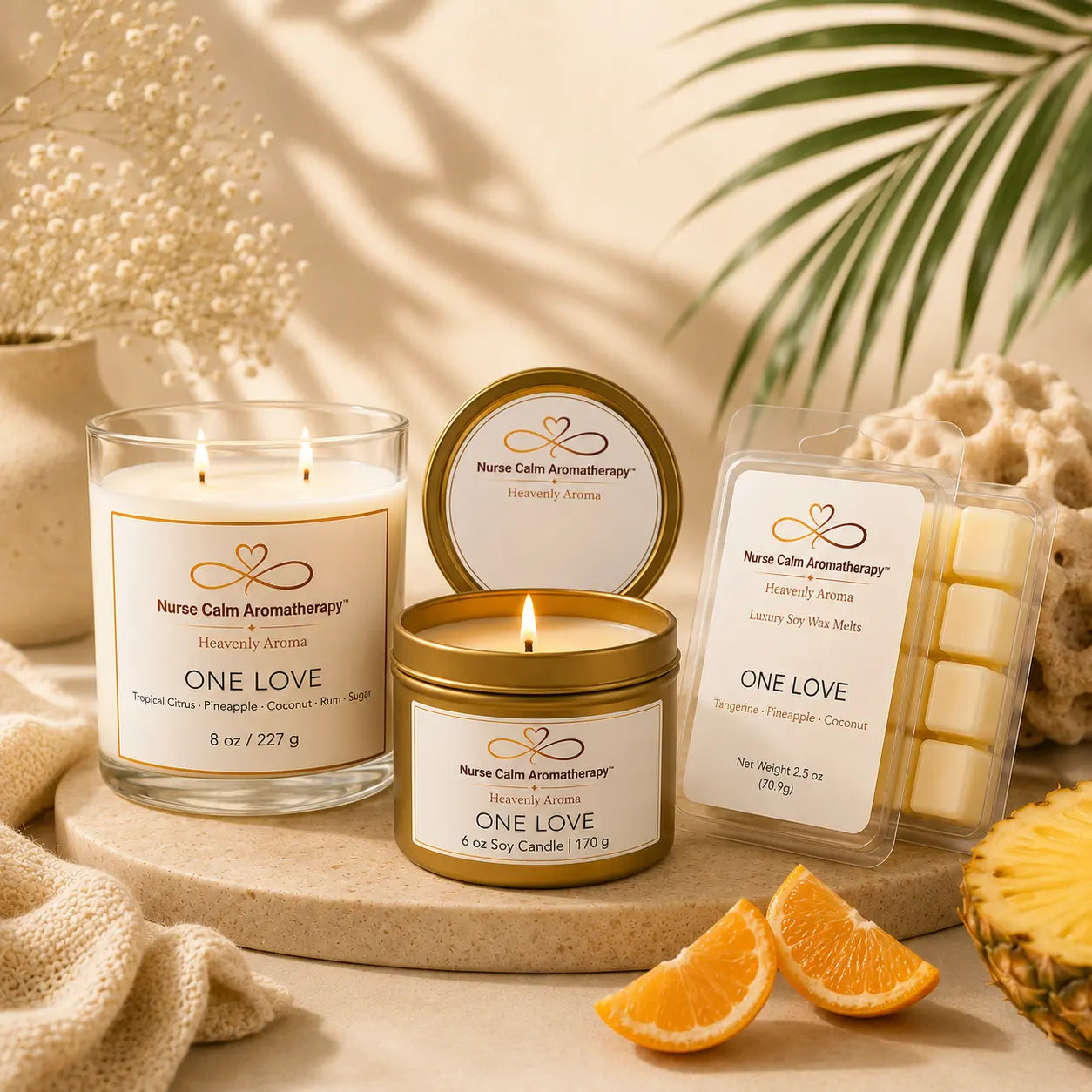 One Love Coastal Luxe bundle featuring a 6 oz soy candle, 8 oz soy candle, and luxury soy wax melt with tropical citrus fragrance by Nurse Calm Aromatherapy.