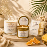 One Love Coastal Luxe bundle featuring a 6 oz soy candle, 8 oz soy candle, and luxury soy wax melt with tropical citrus fragrance by Nurse Calm Aromatherapy.