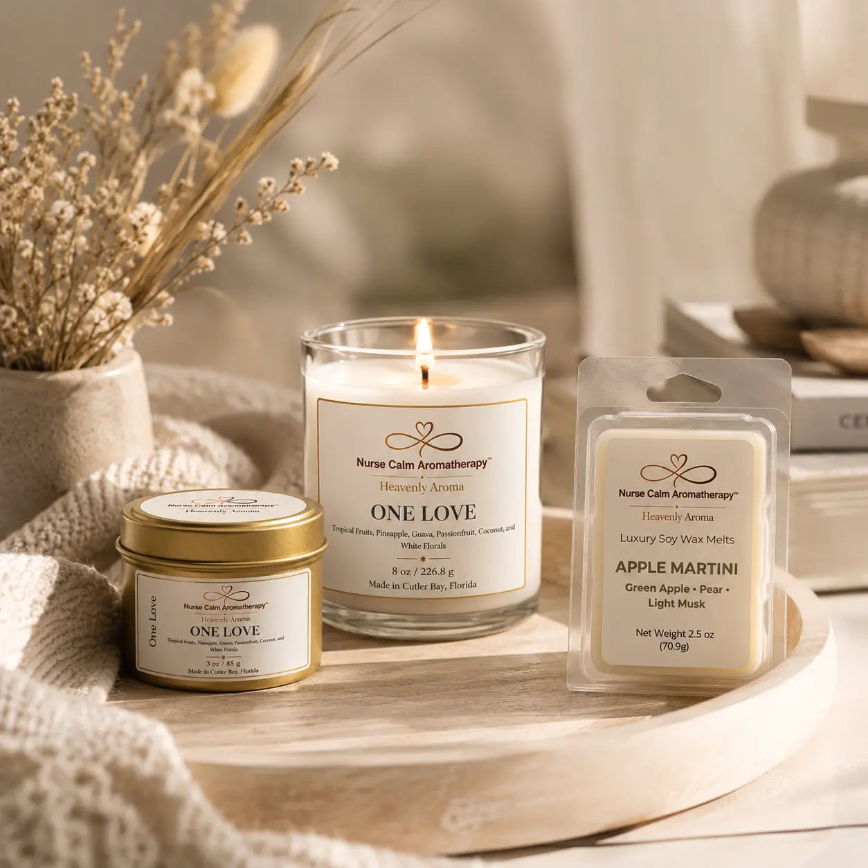 Candle and wax melts with 'Nurse Calm Aromatherapy' branding on a wooden surface.