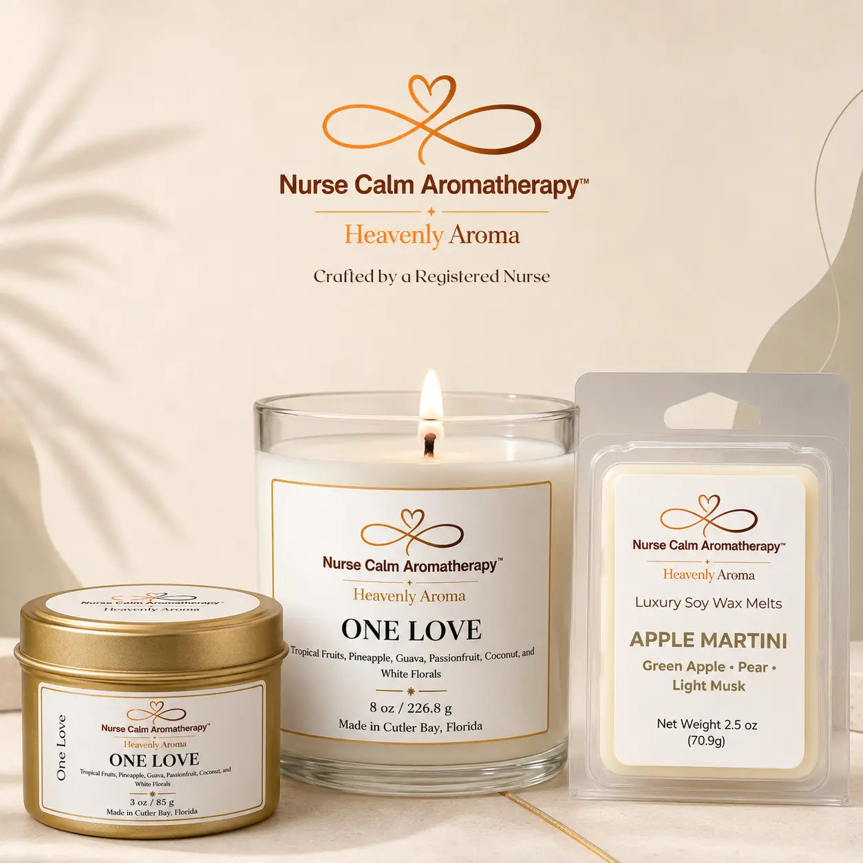 Nurse Calm Aromatherapy products including a candle and wax melts on a neutral background.