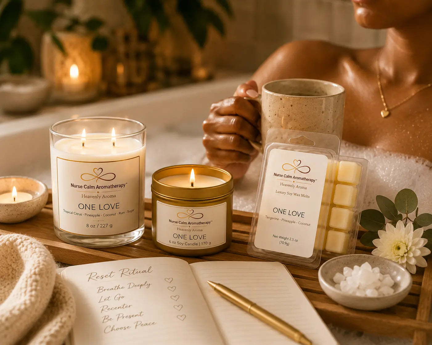 One Love Coastal Luxe Signature Reset Ritual featuring handcrafted soy candles and wax melt for creating peaceful moments of relaxation and wellness.