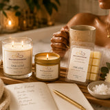 One Love Coastal Luxe Signature Reset Ritual featuring handcrafted soy candles and wax melt for creating peaceful moments of relaxation and wellness.