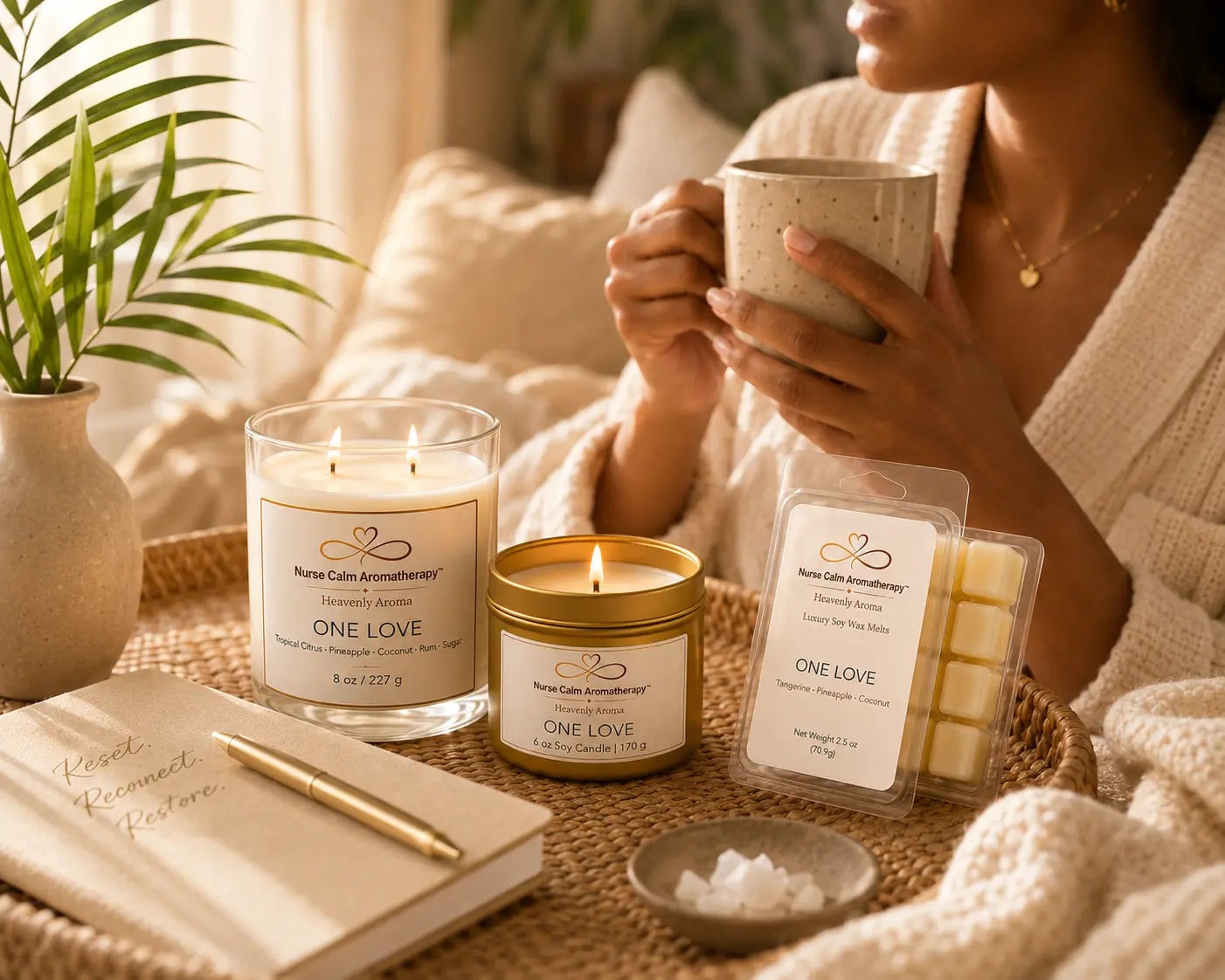 One Love Coastal Luxe aromatherapy bundle displayed in a relaxing wellness setting designed to inspire calm, comfort, and everyday self-care rituals.