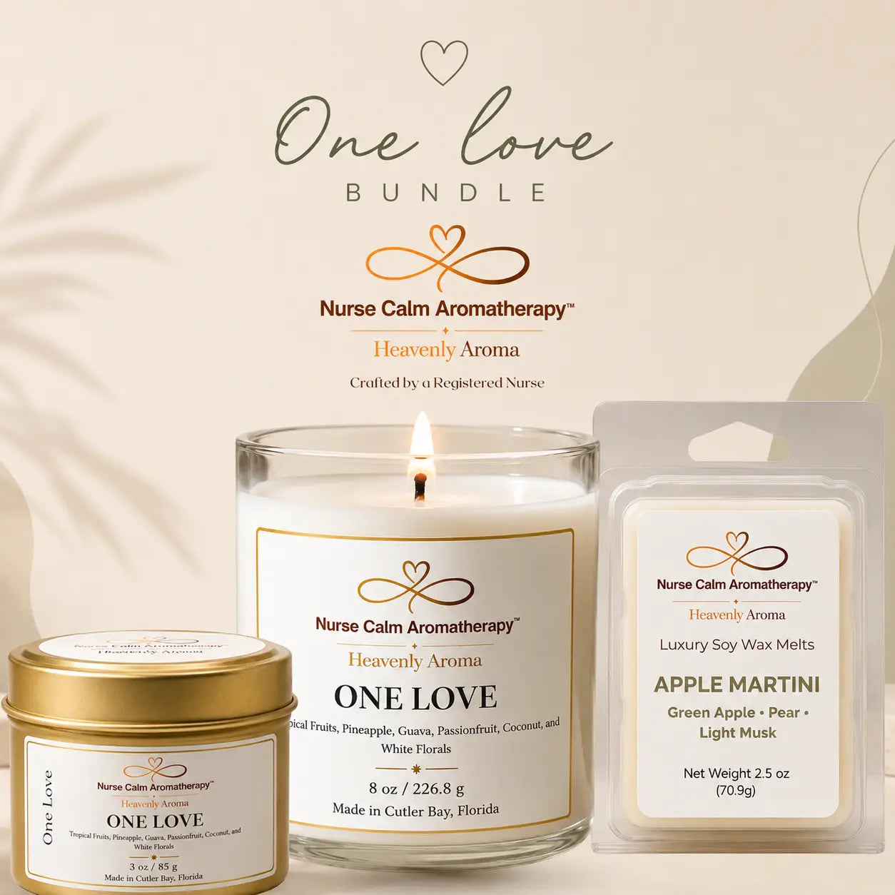 Nurse Calm Aromatherapy product bundle including a candle and wax melts on a neutral background.