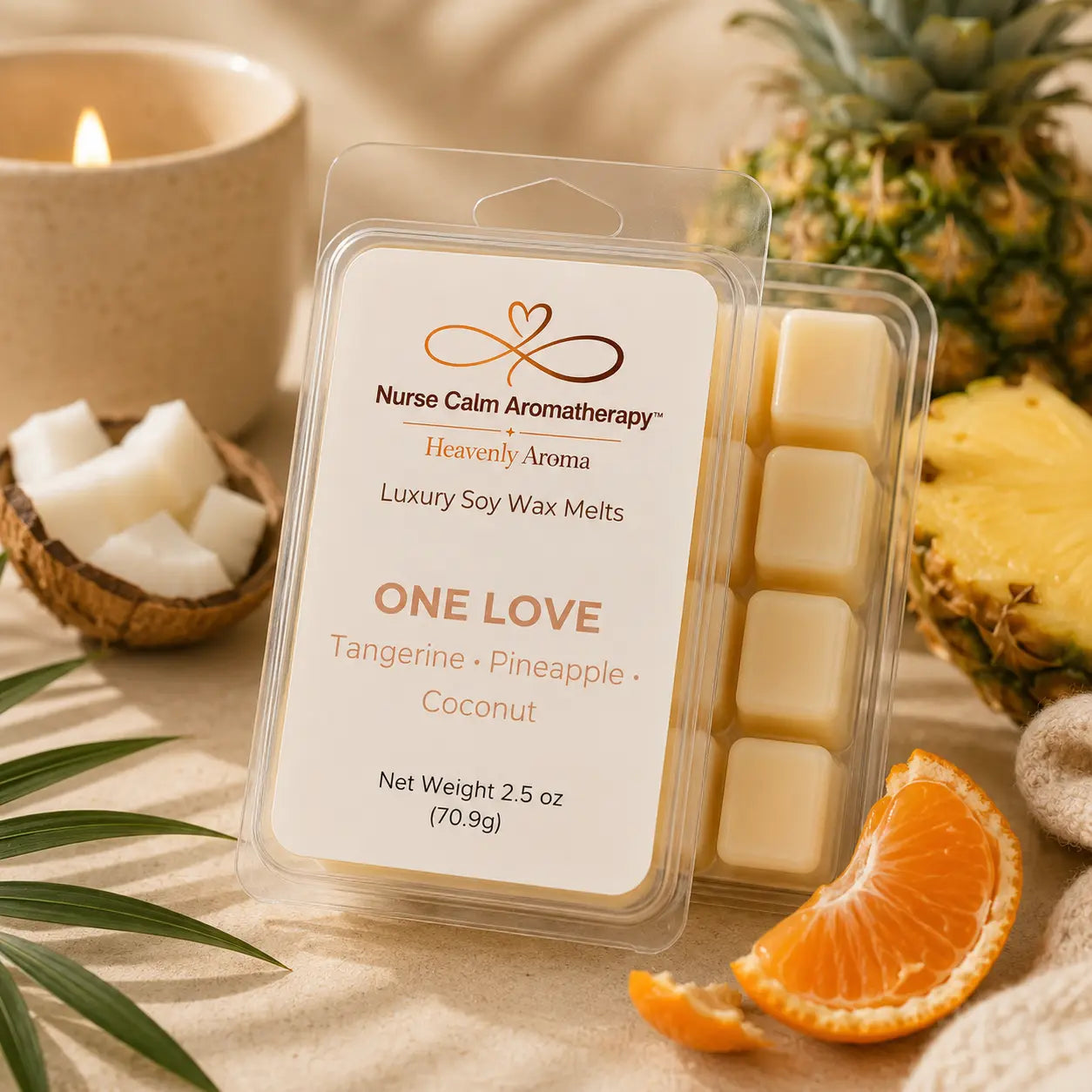 One Love Luxury Soy Wax Melts by Nurse Calm Aromatherapy featuring tangerine, pineapple, and coconut fragrance notes in premium clamshell packaging.