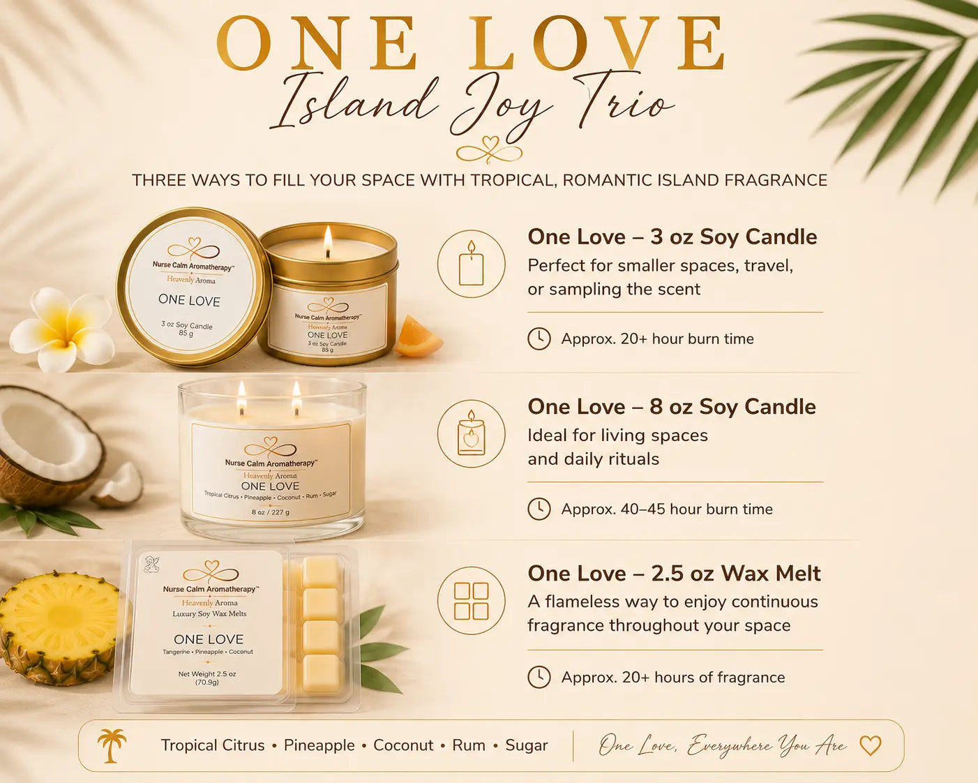 One Love Island Joy Trio bundle contents displaying a 3 oz soy candle, 8 oz soy candle, and soy wax melt with product details and burn times.