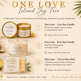 One Love Island Joy Trio bundle contents displaying a 3 oz soy candle, 8 oz soy candle, and soy wax melt with product details and burn times.