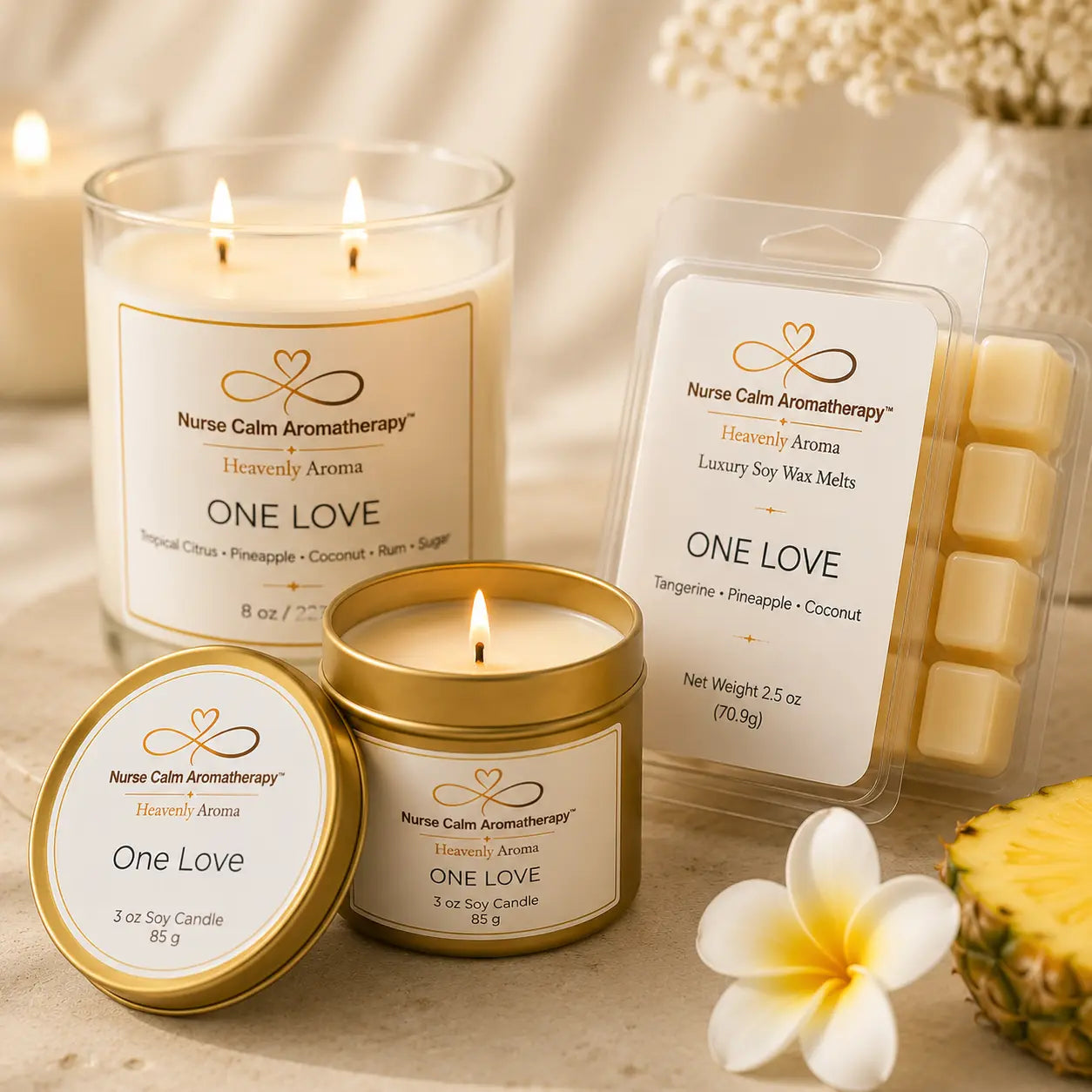 Close-up of the One Love Island Joy Trio showcasing handcrafted soy candles and luxury wax melt with tropical citrus, pineapple, coconut, rum, and sugar fragrance.