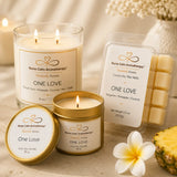 Close-up of the One Love Island Joy Trio showcasing handcrafted soy candles and luxury wax melt with tropical citrus, pineapple, coconut, rum, and sugar fragrance.
