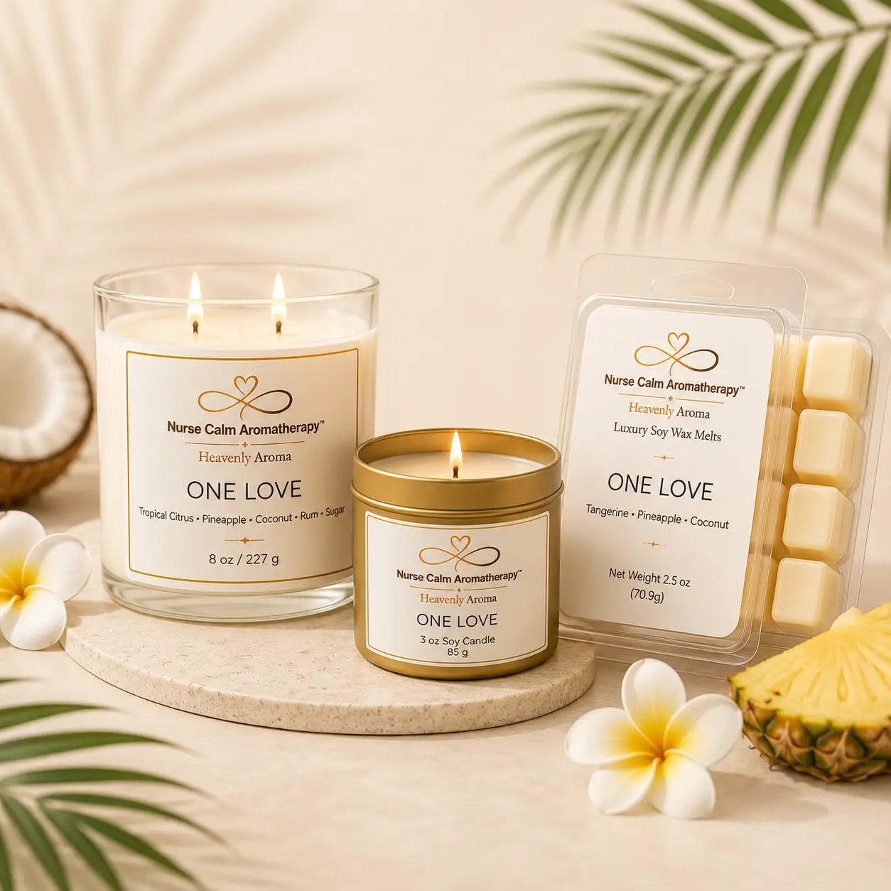 One Love Island Joy Trio featuring a 3 oz soy candle, 8 oz soy candle, and luxury soy wax melt handcrafted by Nurse Calm Aromatherapy.