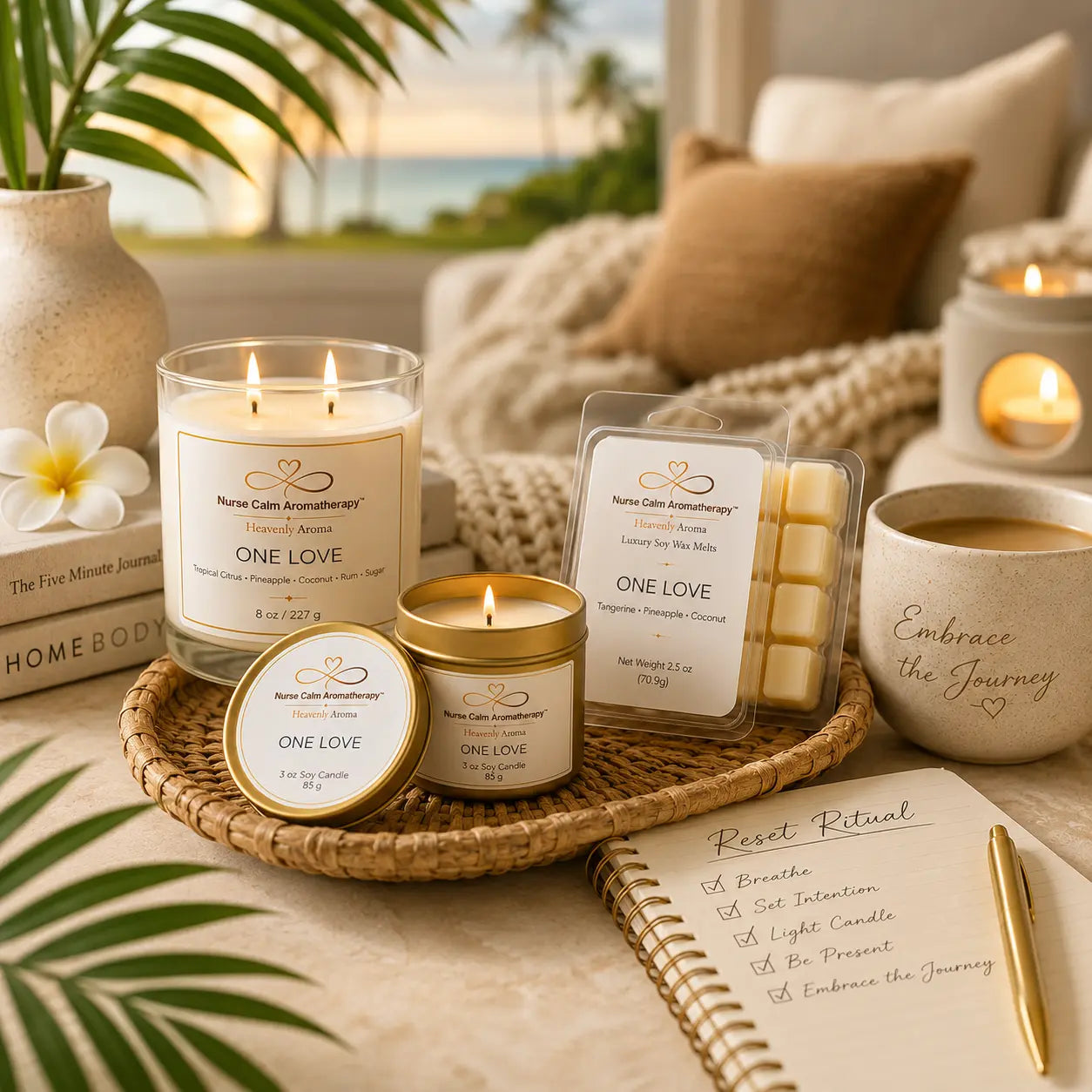 One Love Island Joy Trio displayed in a peaceful wellness environment promoting relaxation, tropical comfort, and intentional self-care.