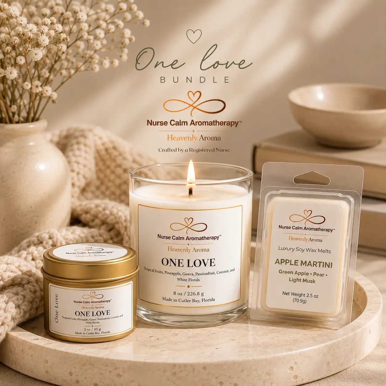 Nurse Calm Aromatherapy candle and wax melts on a wooden surface with 'One Love' branding.