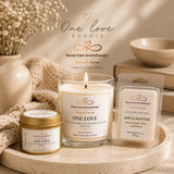 Nurse Calm Aromatherapy candle and wax melts on a wooden surface with 'One Love' branding.